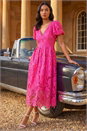 Pink Crochet Lace V-Neck Midi Dress, Image 1 of 4