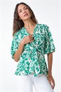 Green Floral Print V-Neck Wrap Tie Top, Image 2 of 5