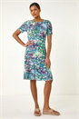 Green Ditsy Floral Print Stretch Short Dress, Image 1 of 5