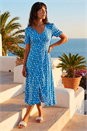 Light Blue  Polka Dot Ruched Sleeve Midi Dress, Image 2 of 4