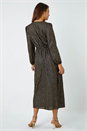 Black Metallic Star Print Corsage Midi Wrap Dress, Image 3 of 5