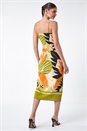 Khaki Leaf Print Strappy Wrap Midi Dress, Image 3 of 5