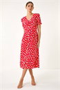 Red Heart Print Ruched Midi Dress, Image 2 of 5
