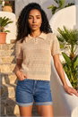 Natural  Pointelle Collar Knit Top, Image 1 of 4