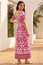 Fuchsia Abstract Print Sweetheart Neck Midi Dress, Image 2 of 3
