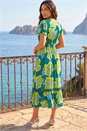 Green Floral Print Lace Trim Midi Dress, Image 3 of 4