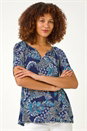 Blue Paisley Print Gathered Stretch Top, Image 1 of 5