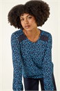 Blue Printed Lace Stretch Top, Image 1 of 5