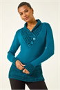 Teal V-Neck Overlap Button Detail Longline Jumper, Image 1 of 5