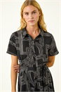 Black Geo Linear Print Shirt Midi Dress, Image 5 of 6