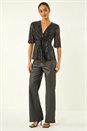 Black Dusk Sequin Tie Front V-Neck Stretch Top, Image 2 of 5