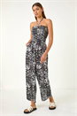 Black Abstract Print Shirred Bandeau Jumpsuit, Image 2 of 5