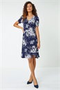Navy Floral Print Frill Hem Dress, Image 1 of 5