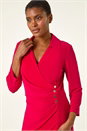Red Ruched Button Shirt Stretch Midi Dress, Image 4 of 5