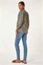 Black Linear Print V-Neck Blouse, Image 3 of 5