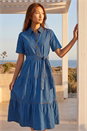 Denim Button Detail Tiered Midi Dress, Image 2 of 4