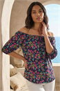 Pink Floral Print Stretch Bardot Top, Image 1 of 4