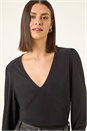 Black Gathered V-Neck Stretch Top, Image 4 of 5