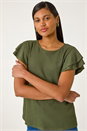 Khaki Textured Frill Sleeve T-Shirt, Image 4 of 5