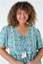 Green Curve Tie Front V-Neck Boho Printed Top, Image 4 of 5