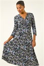 Purple Floral Twisted Front Stretch Midi Dress, Image 1 of 7