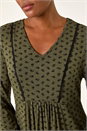 Khaki Ditsy Lace Trim V-Neck Frill Dress, Image 4 of 5