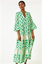 Green Aztec Print Tiered Midi Smock Dress, Image 4 of 5