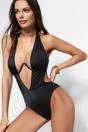Black WOVCOR Black Plunge Halterneck Cut Out Detail Swimsuit, Image 1 of 3