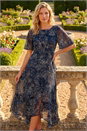 Navy  Floral Spot Print Frill Midi Dress, Image 2 of 4