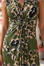 Khaki Leaf Print Twist Front Maxi Dress, Image 4 of 4