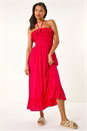 Pink Frill Shirred Bandeau Midi Dress, Image 3 of 6