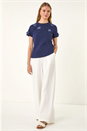 Petrol Blue Floral Applique T-shirt, Image 2 of 5