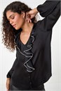 Black Ruffle Front V-Neck Satin Blouse, Image 1 of 5