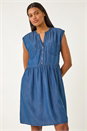 Denim Button Detail Gathered Dress, Image 4 of 5