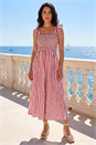 Red Dusk Polka Dot Stripe Shirred Midi Dress, Image 3 of 4