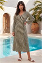Green Geometric V-Neck Midi Dress, Image 2 of 4