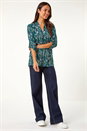 Teal Abstract Print Front Pleat Stretch Top, Image 2 of 5