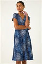 Navy  Abstract Wrap Detail Stretch Dress, Image 1 of 5