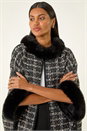 Black Faux Fur Jacquard Knit Poncho, Image 2 of 5
