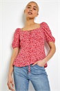 Red Ditsy Floral Tie Neck Peplum Top, Image 1 of 5