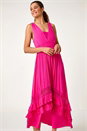 Fuchsia Lace Detail Shirred Frill Maxi Dress, Image 4 of 5