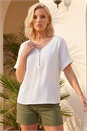 White Petite Zip Front V-Neck Top , Image 1 of 4