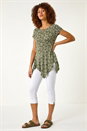 KHAKI Leaf Print Hanky Hem Stretch Top, Image 2 of 5