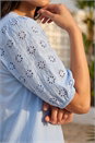 Blue Petite Embroidered Puff Sleeve Top, Image 4 of 4