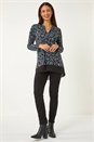 Black Floral Print V-Neck Tunic Top, Image 2 of 5