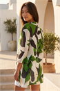 Green Leaf Print Wrap Front Tunic Top, Image 3 of 4