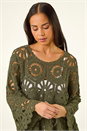 Khaki Petite Crochet Flare Sleeve Top, Image 1 of 5