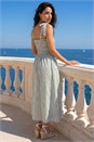 Mint Dusk Polka Dot Stripe Shirred Midi Dress, Image 2 of 4