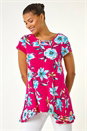 Fuchsia Floral Print Hanky Hem Stretch Tunic Top, Image 2 of 5