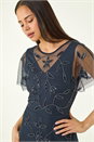 Navy  Petite Embroidered Mesh Layered Dress, Image 4 of 5